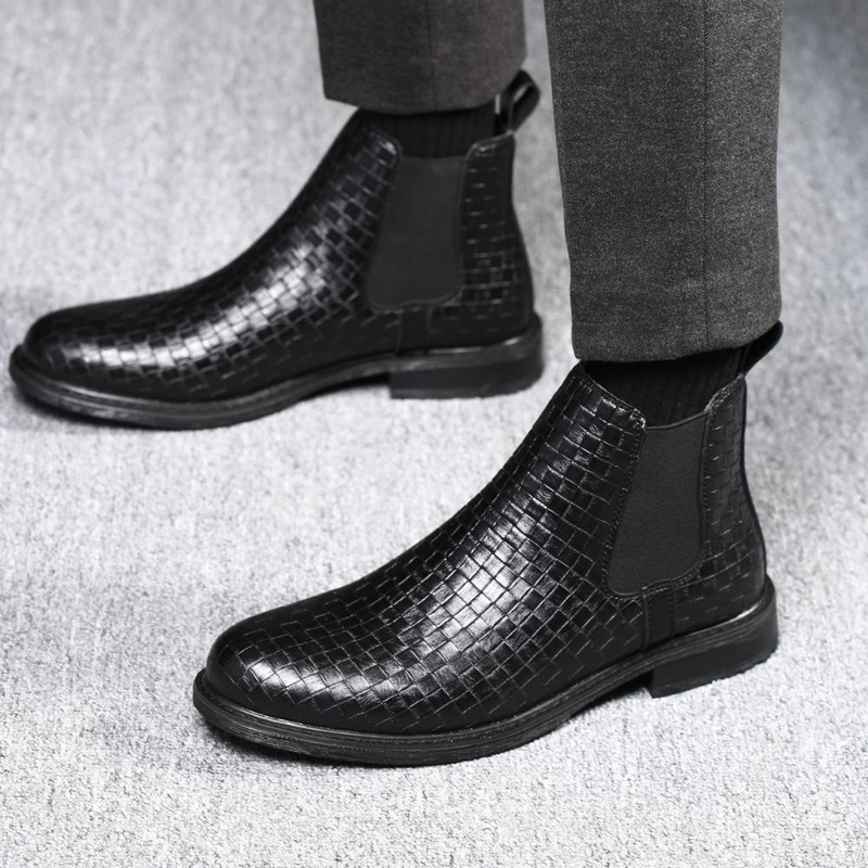 Block Heel Ankle Boots - Erkek Dokuma Desenli Chelsea Botlar PU