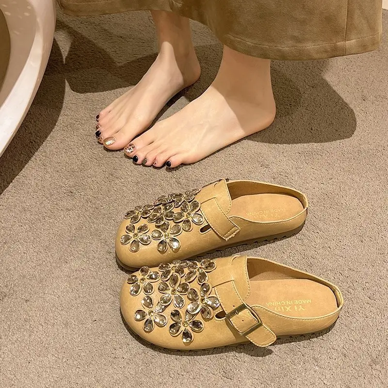 Slip On Mule Flat - Kadın Çiçekli Yapay Elmas Tokalı Askılı
