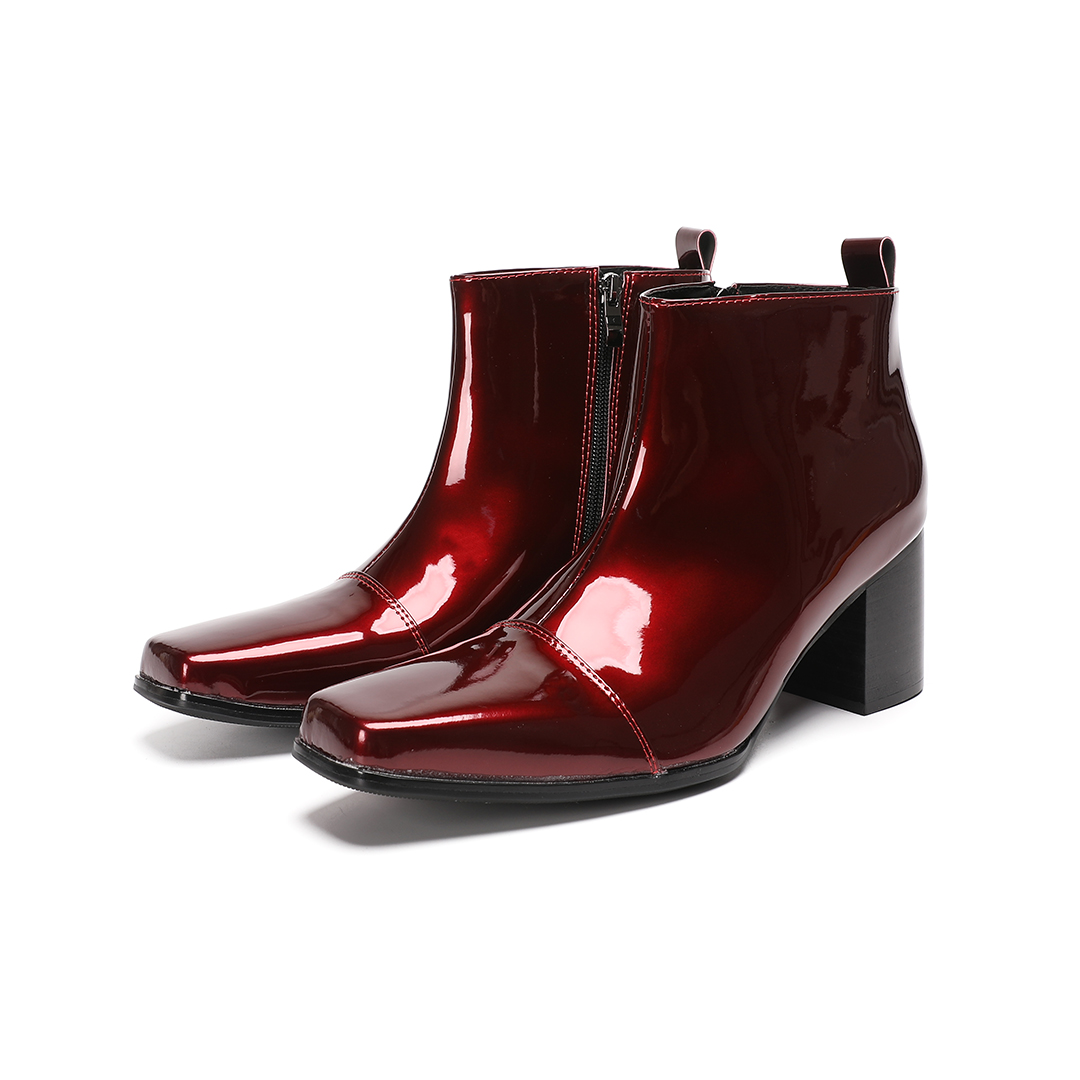 Block Heel Ankle Boots - Erkek Kırmızı Hakiki Deri Yüksek Topuklu