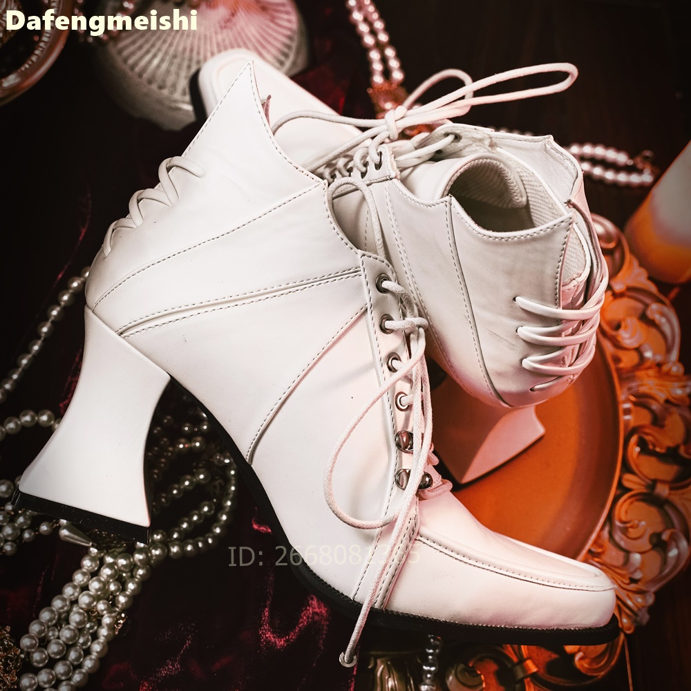 Block Heel Ankle Boots - Beyaz Deri Kare Burunlu Bilek Botları
